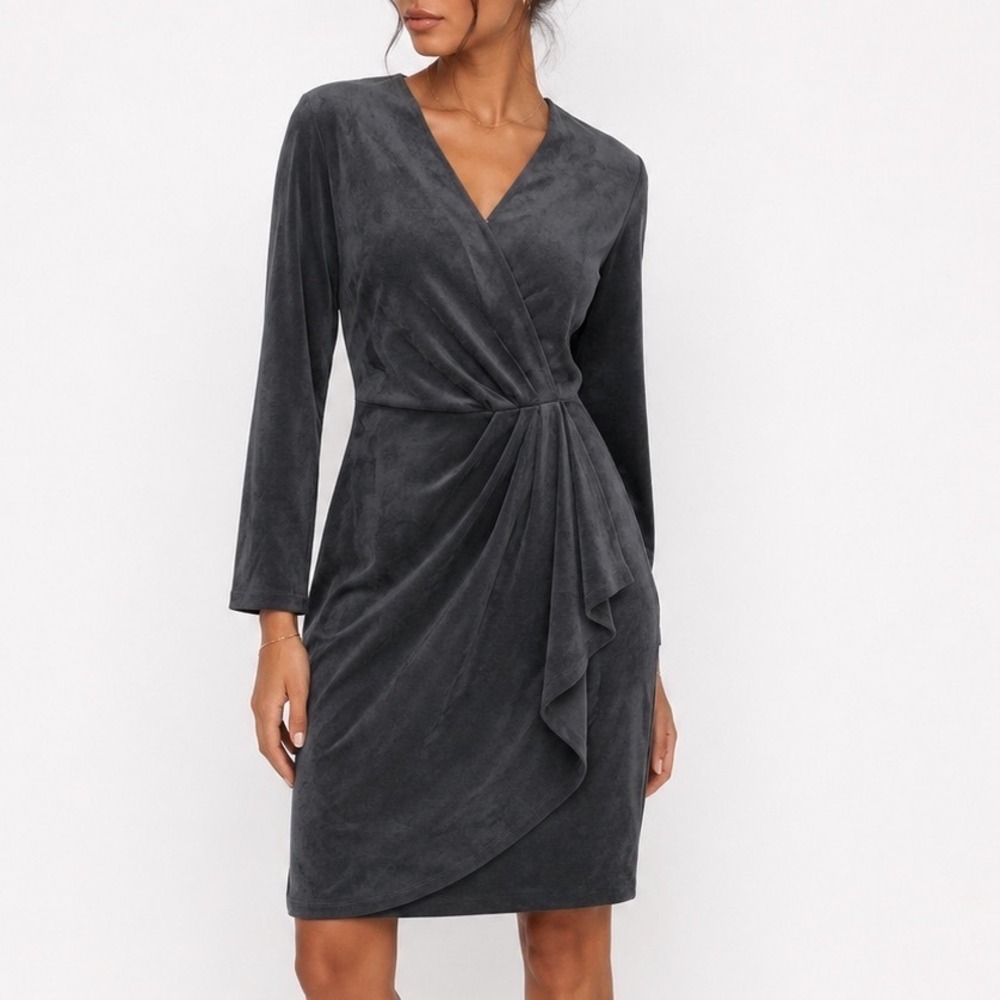 J.McLaughlin Gray Faux Suede Surplice Wrap Sheath Dress Long Sleeve Large